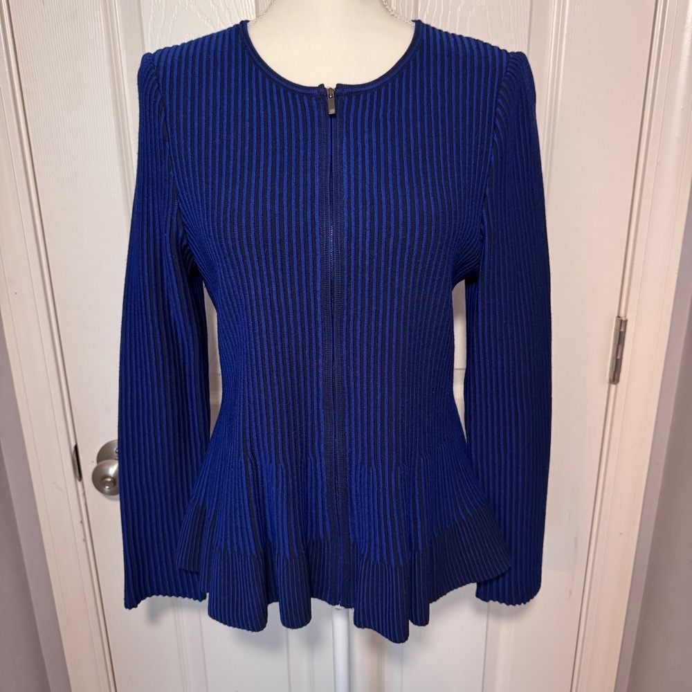 St. John Royal Blue and Black Fit and Flare Zippered Cardigan